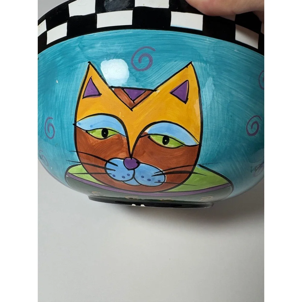Whimsical Hand Painted by Milson & Louis Ceramic Bowl Turquoise Checkered Rim